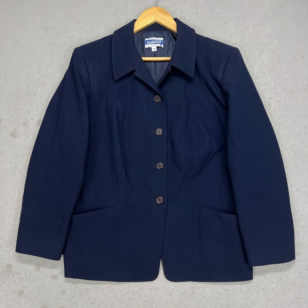 Pendleton Navy Blue Virgin Wool Blazer Jacket Plus Size 14W USA Vintage 2000s